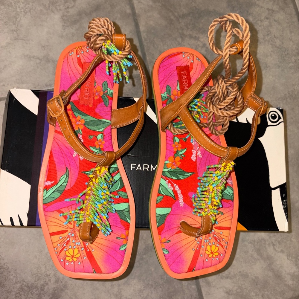 FARM RIO Floral Pietra Banana Beaded Tropical Thong Sandal Size 8 - Picture 2 of 10